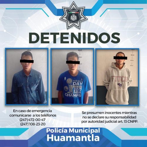 Aseguran Policías Municipales de Huamantla a Tres Individuos por Posesión de Drogas